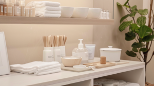 Clean professional waxing salon treatment room with wax applicators, skincare products, towels, and hygienic beauty tools.