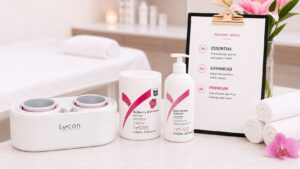 LYCON professional waxing products arranged beside a waxing menu board in a clean spa setting with pink floral accents.