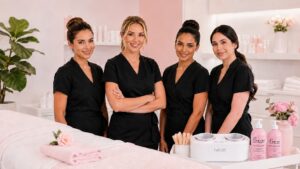 Professional beauty team in a modern waxing room with LYCON products, representing salon training, confidence, consistency, and team growth.