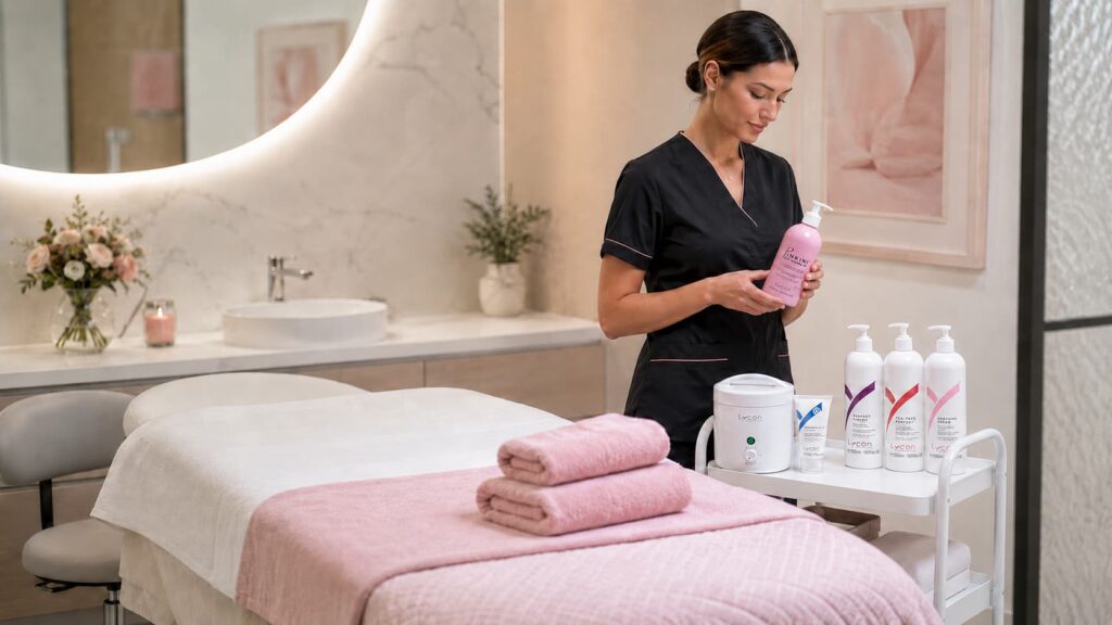 Beauty professional holding LYCON Pinkini Pre-Waxing Oil beside professional waxing products in a modern salon treatment room