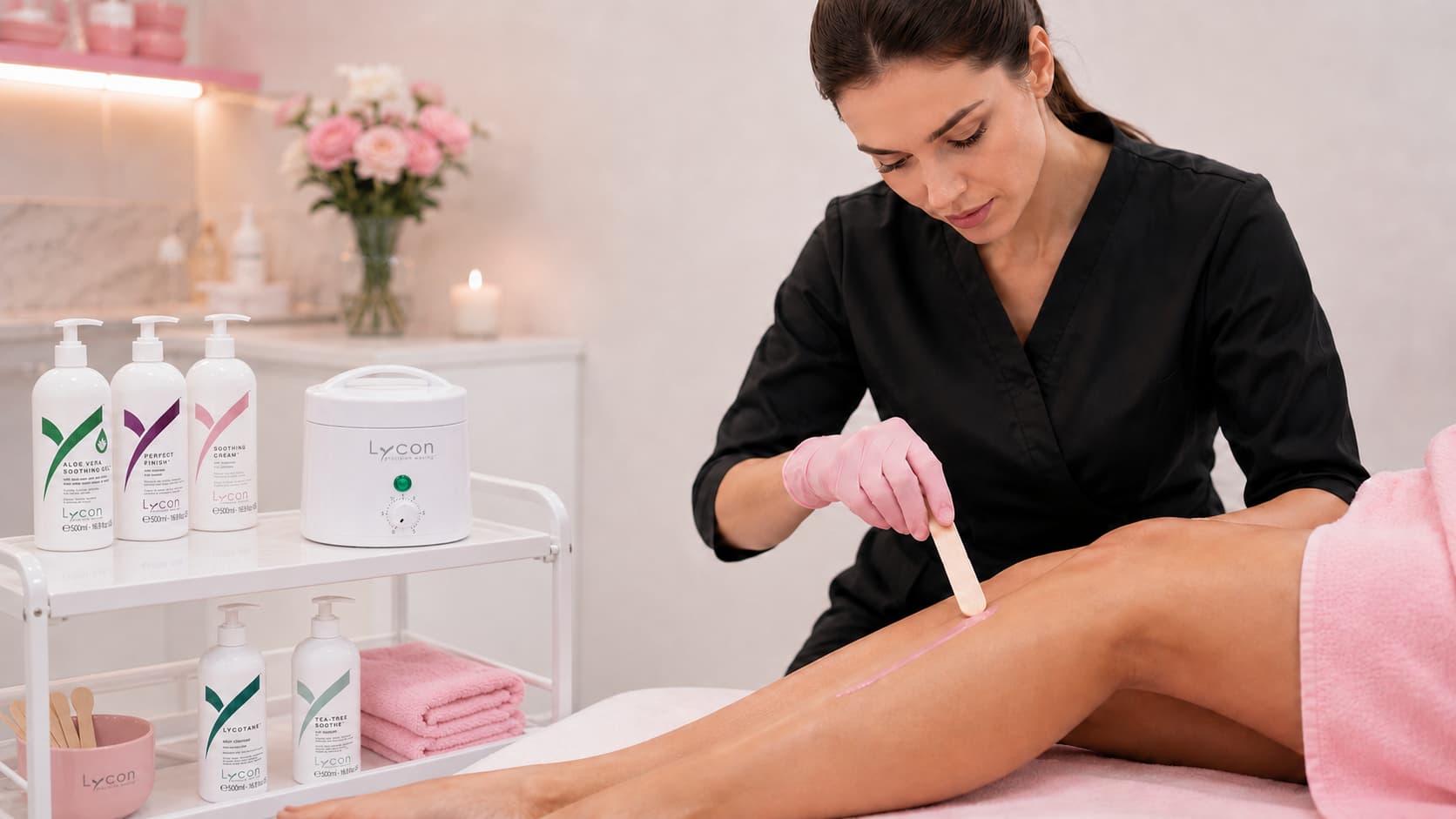 Beauty professional performing a precise waxing treatment in a professional salon