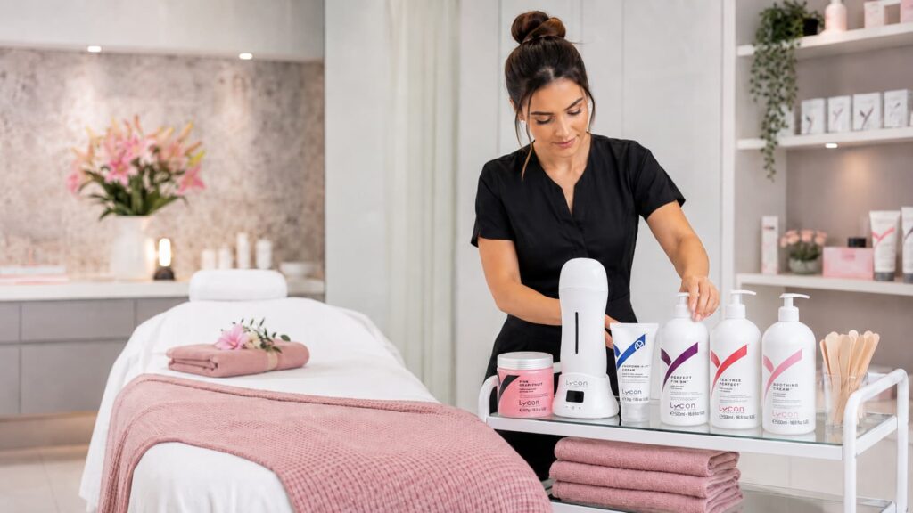 Salon owner organizing LYCON professional waxing products and equipment in a clean beauty treatment room