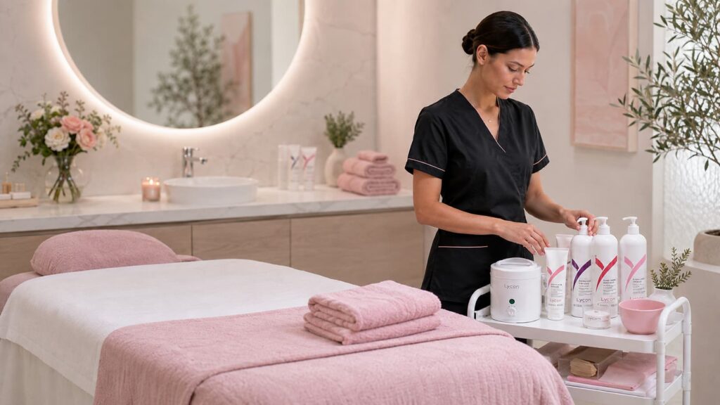 Beauty professional organizing LYCON products in a calm treatment room designed for an efficient and sustainable workflow